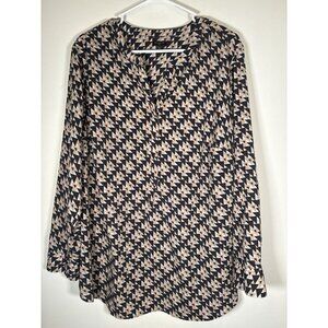 TALBOTS Geometric Blouse Top V Neck Long Sleeve Black Peach‎ Quiet Luxury 2XL